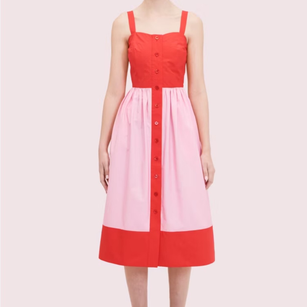 kate spade Two-Tone Red and Pink Button-Front Midi Dress